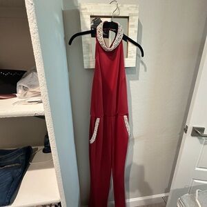 VENUS Red Jumpsuit with Beaded Accents